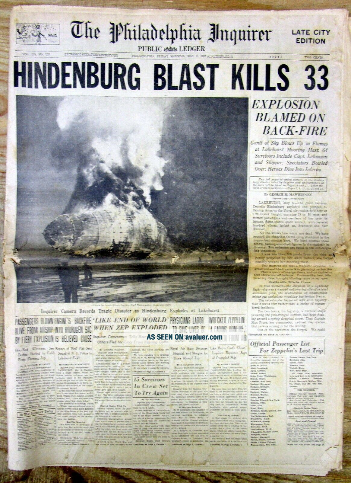 2 1937 Headline Newspapers Airship HINDENBURG EXPLODES In DISASTER ...