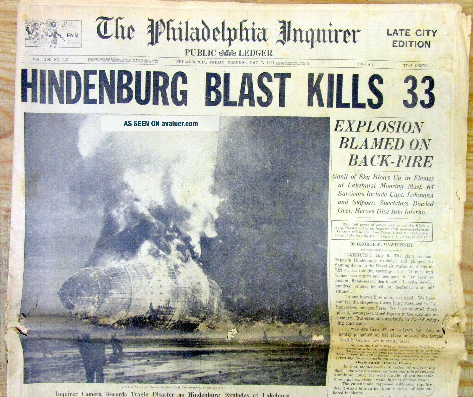 2 1937 Headline Newspapers Airship HINDENBURG EXPLODES In DISASTER ...