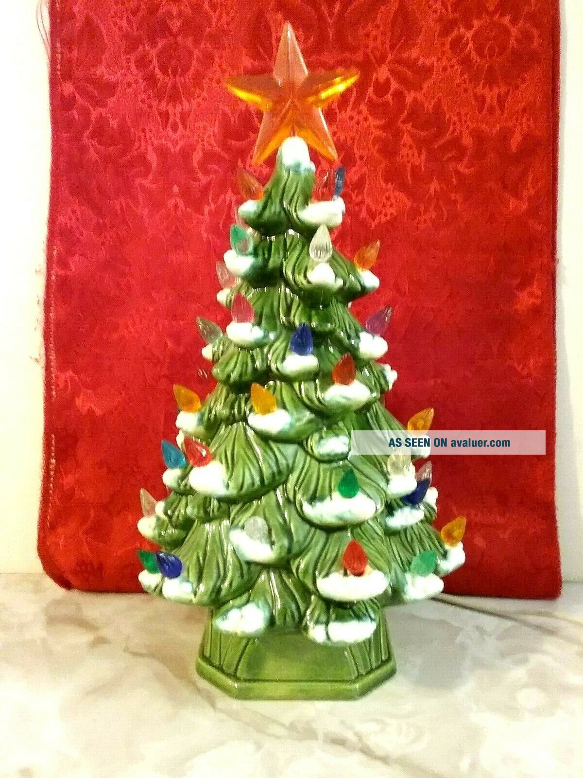 Vintage 12 " Ceramic Christmas Tree Flocked With Lights And Base | #4472939
