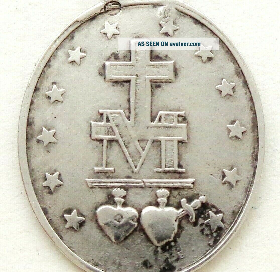 ANTIQUE SILVER MIRACULOUS MEDAL PENDANT OF HOLY VIRGIN MARY Signed ...