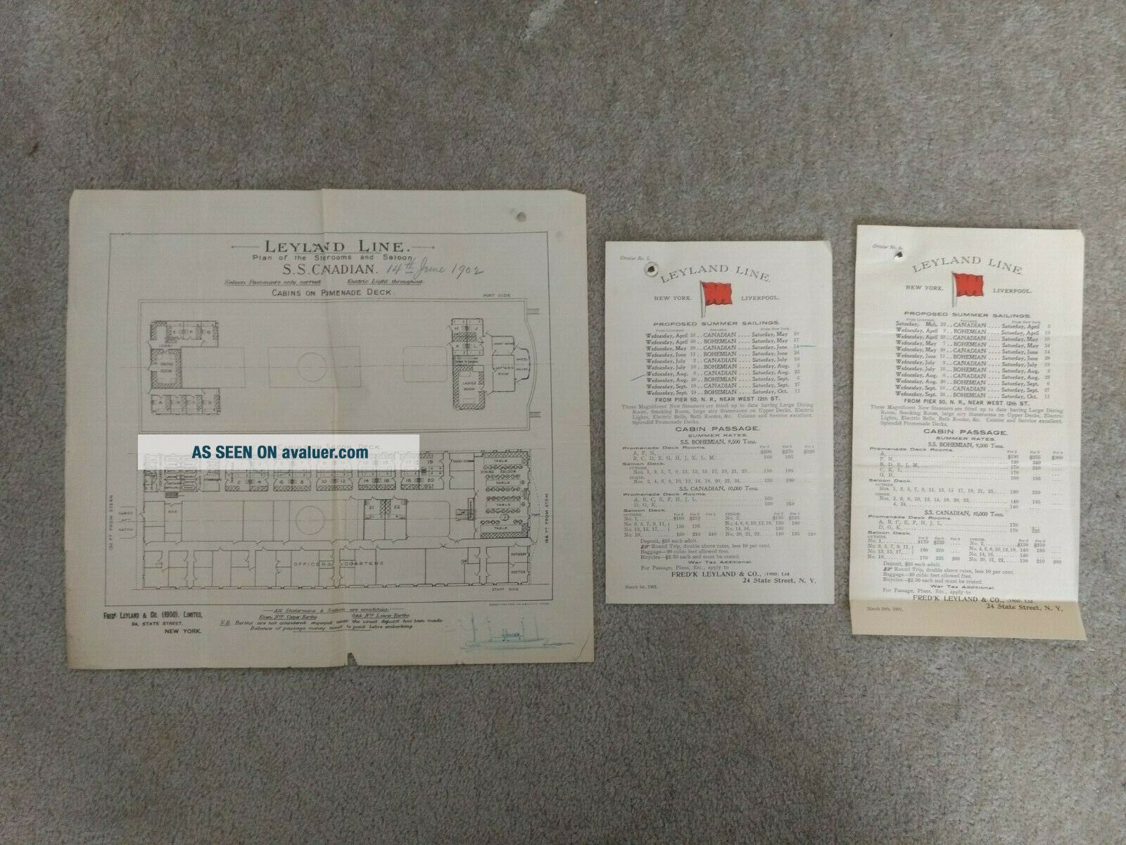 1902 S S CANADIAN LEYLAND LINE DECK PLAN,  2 BROADSIDES ADVERTISING SAILINGS