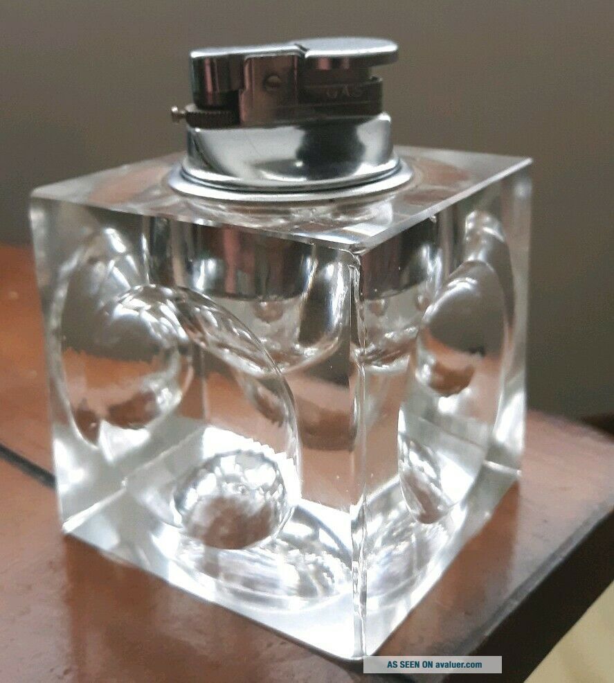 Square Table Lighter Vintage Heavy Clear Square Cube Glass Table Lighter Art Deco Japan ...