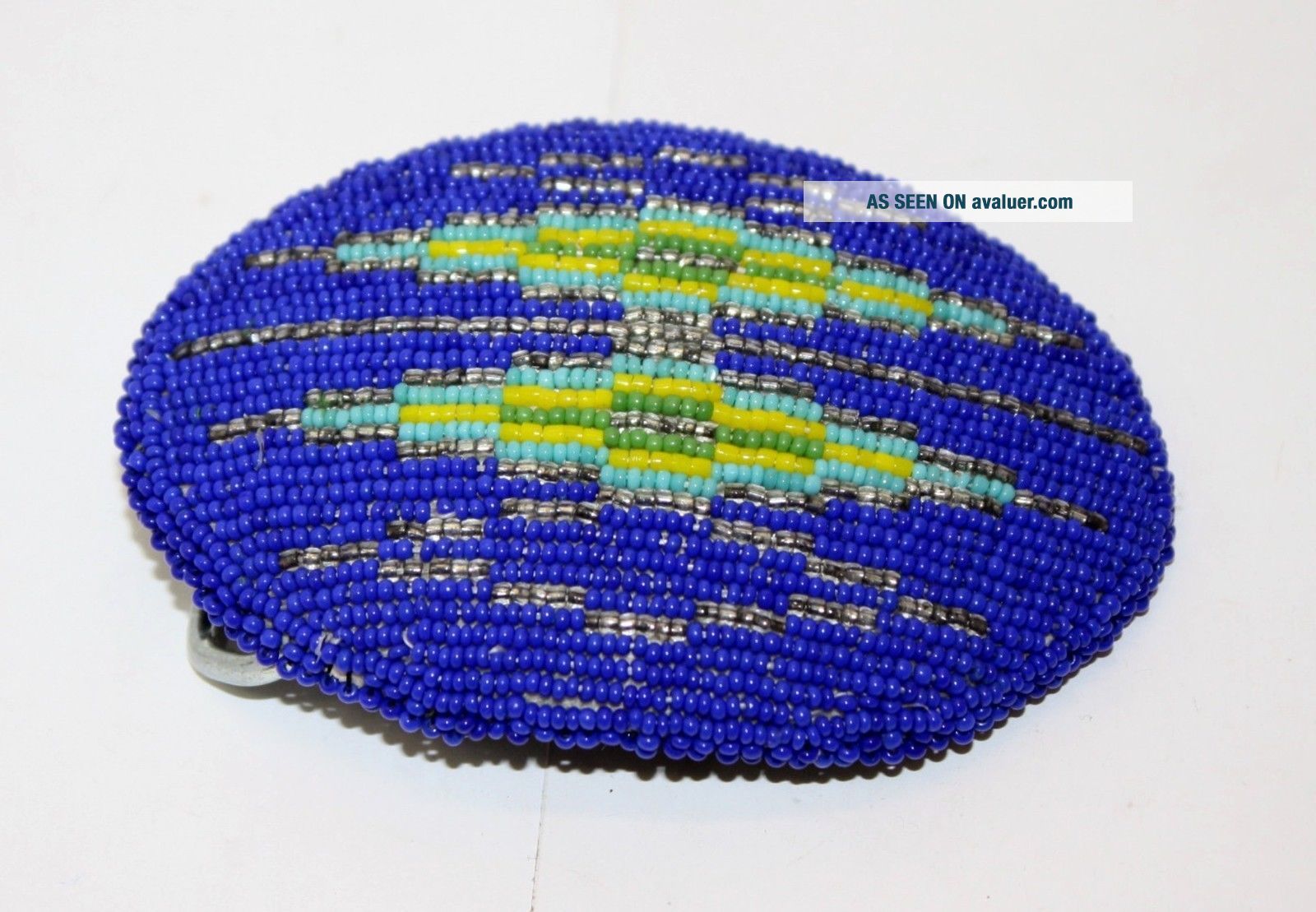 BLUE BEADED GEOMETRIC DESIGN NATIVE AMERICAN INDIAN BELT BUCKLE | #4866260