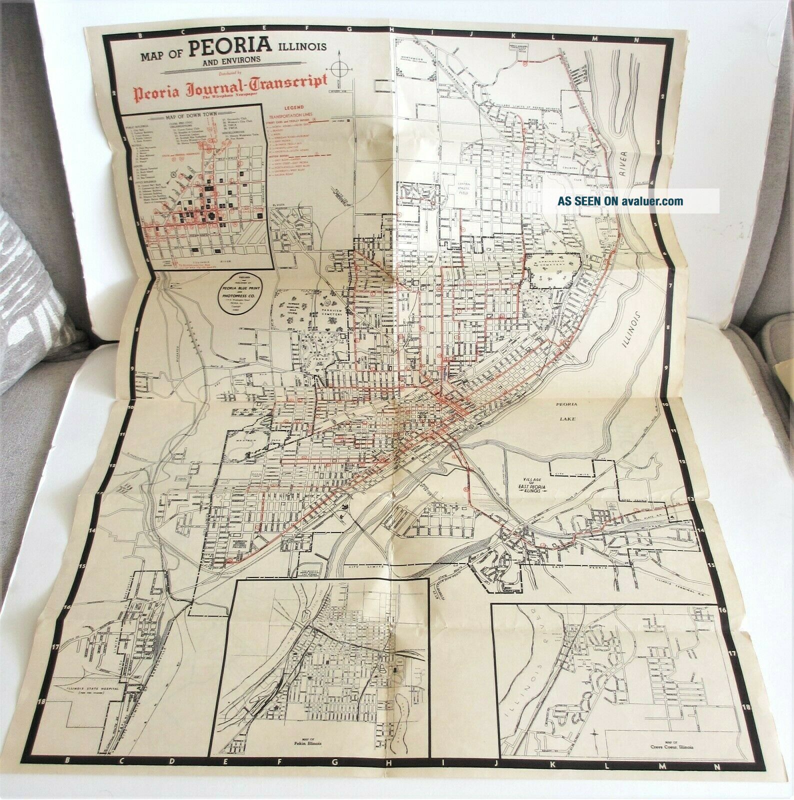 Peoris Bus Routes Vintage 1940 Map Of Peoria Illinois With Streetcar And Trolley Bus ...