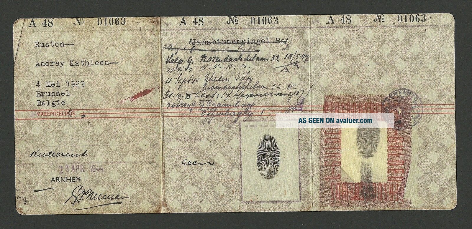 Audrey Hepburn Picture Passport Wartime Identification Card | #4957172