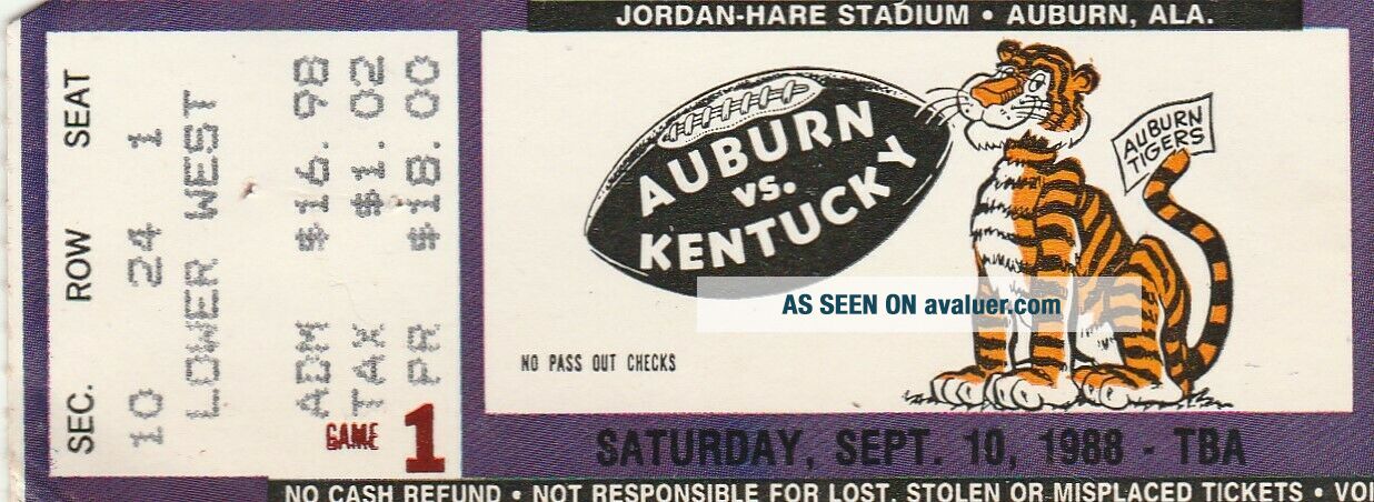 Old Vintage 1988 Auburn Vs Kentucky Football Ticket Stub Jordan Hare ...