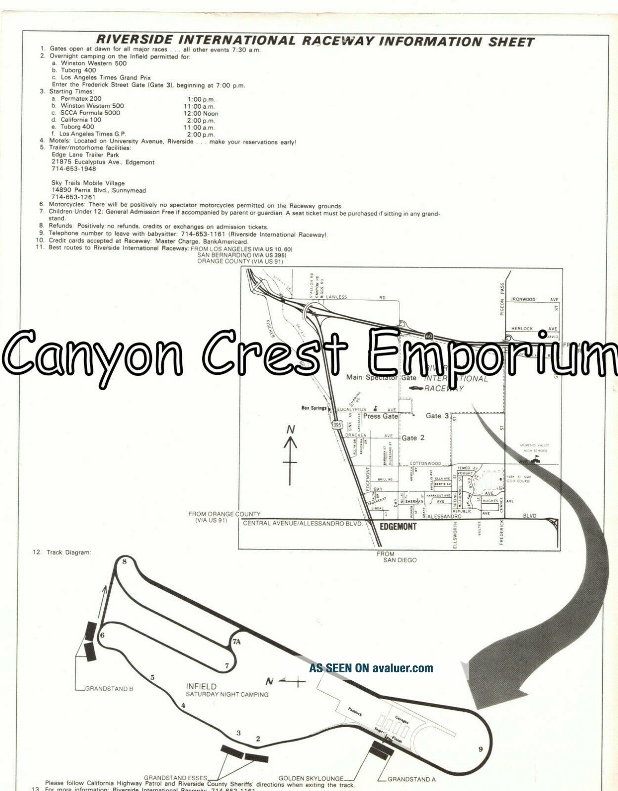 1973 Riverside International Raceway Information Sheet & Area Map ...