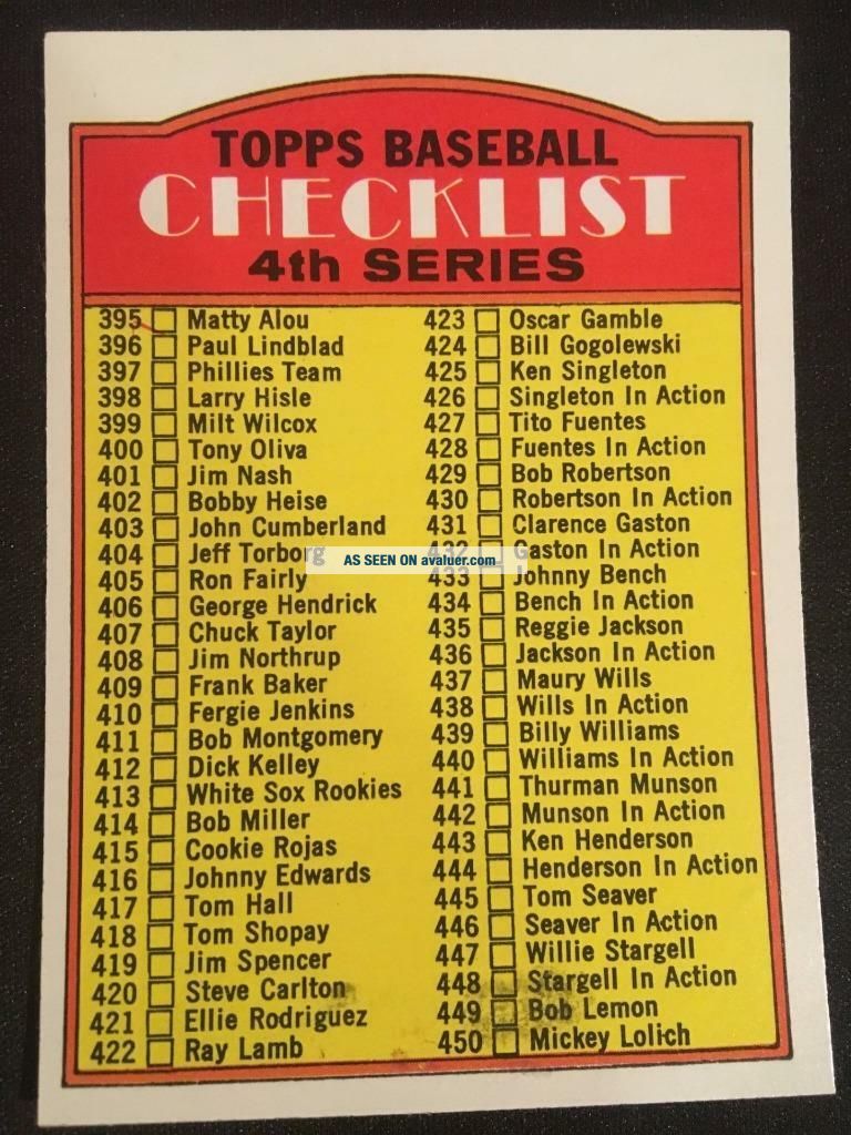 1972 Topps Baseball 378 4th Series Checklist NM - MT From Vending ...
