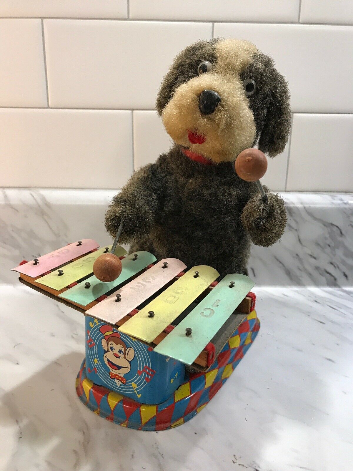 Rare Vtg 1950 ' s Tin Toy Fido The Xylophone Playing Dog by Alps Battery Opt
