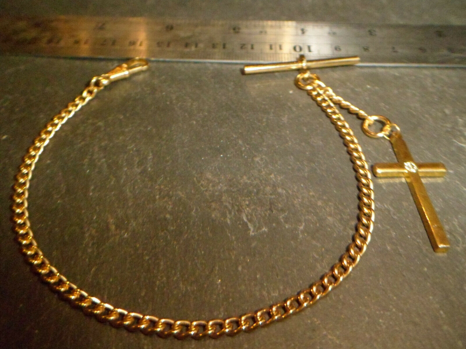 VINTAGE GOLD PLATED ALBERT POCKET WATCH CHAIN AND CRUCIFIX CROSS FOB ...