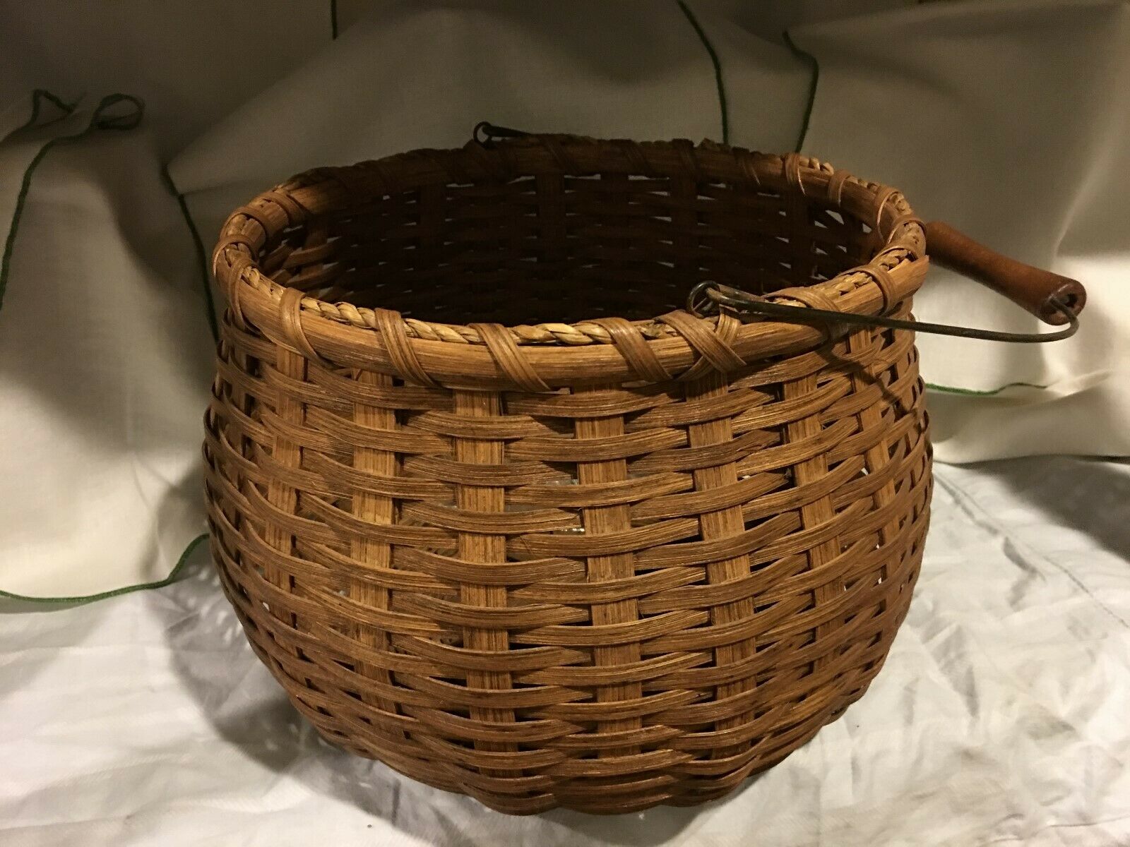 Vintage Hand Woven Splint Wood Gathering Basket With Wire And Wood ...
