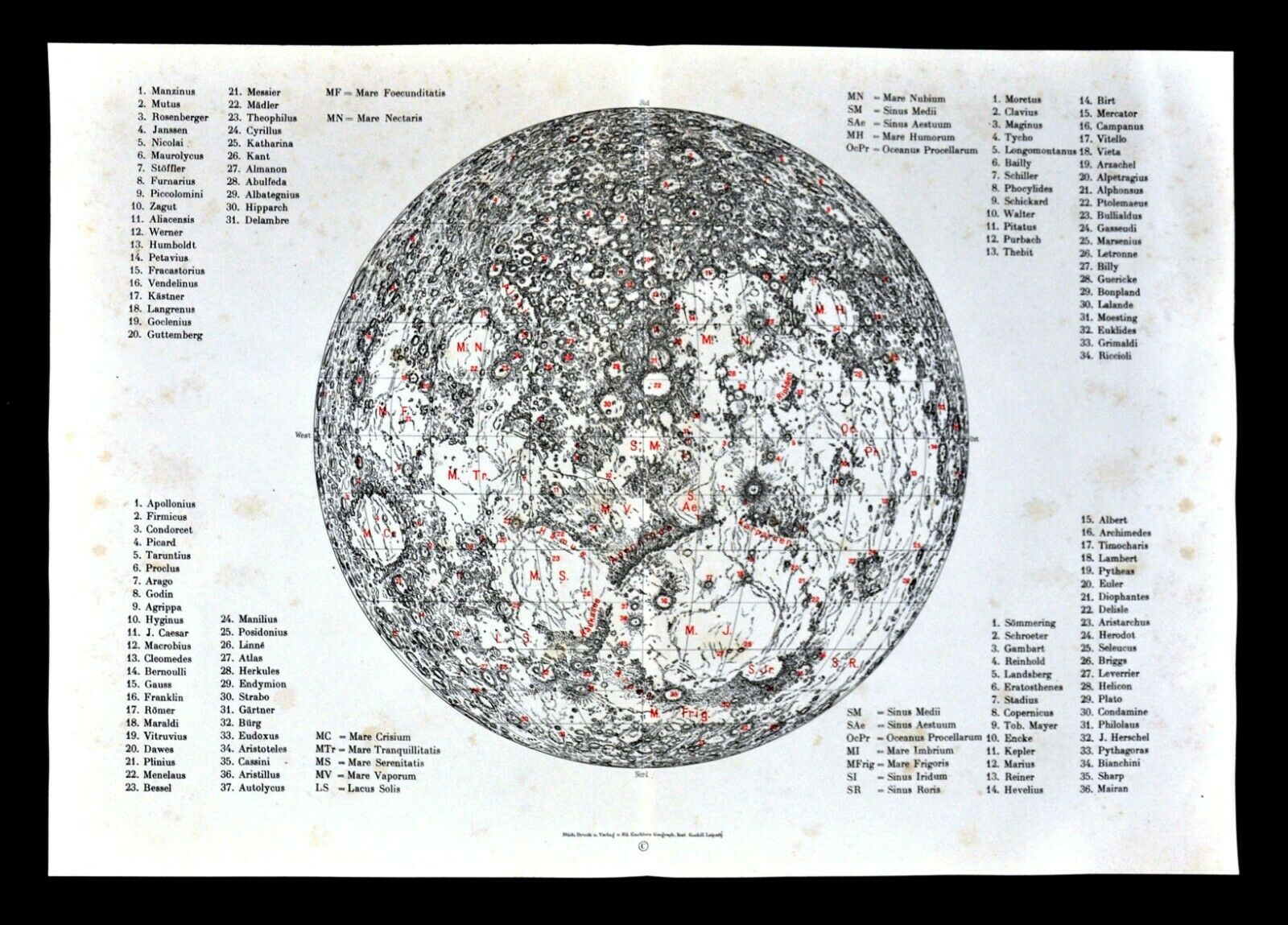 1942 Moon Map Astronomy Chart Lunar Surface Craters Tranquility Bay By ...